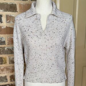 William Rast Cream Speckled Texture Sweater Split Collar Boxy Cotton Knit Sz S